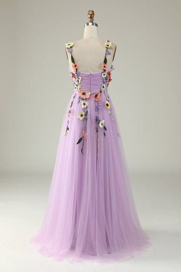 A Line Spaghetti Straps Purple Prom Dress With 3D Flowers